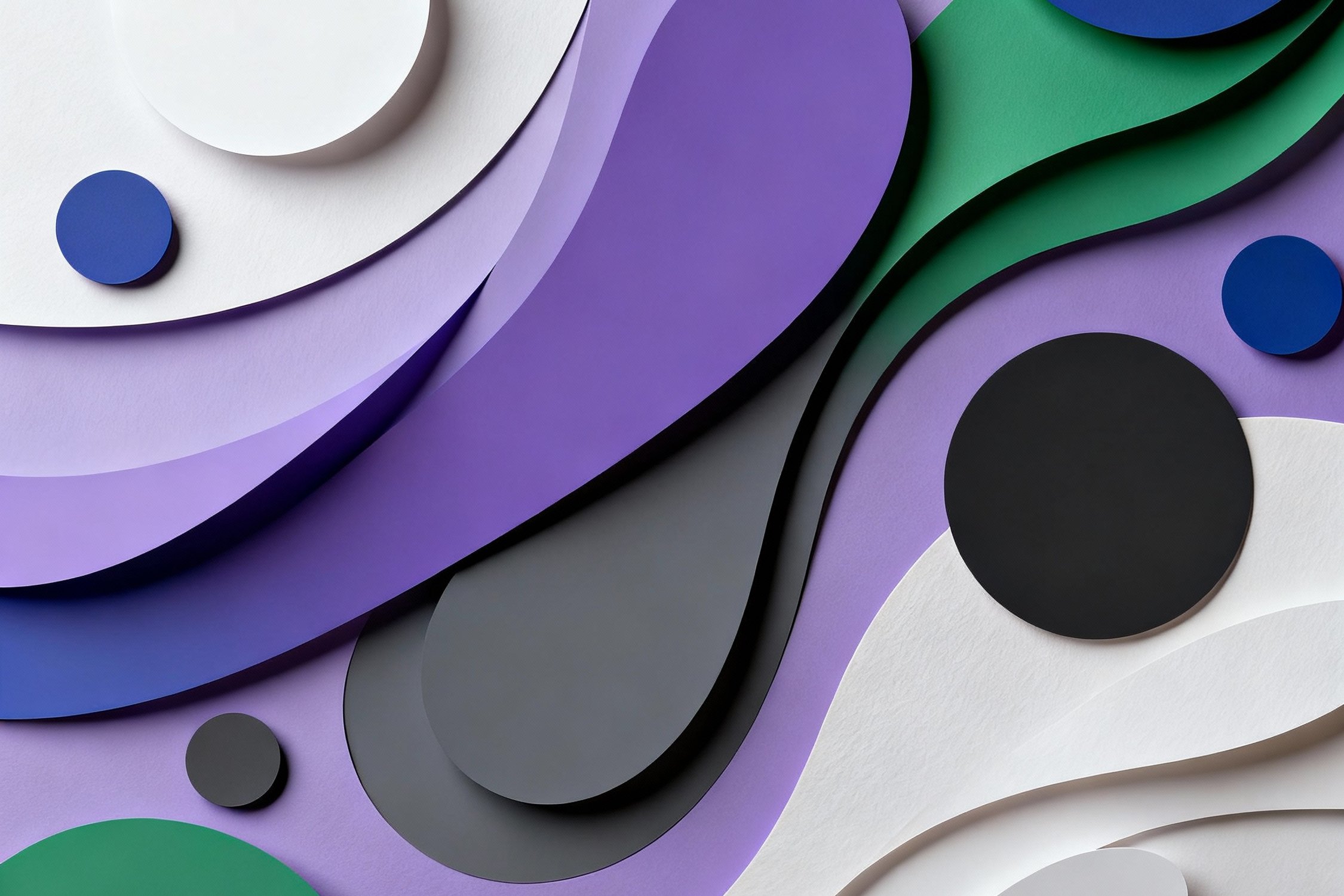 An abstract paper cut design with various shades of purple and blue overlapping.