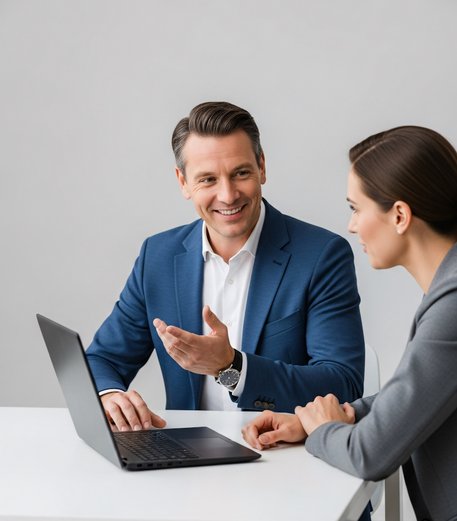 business owner at desk smiling and gesturing toward left