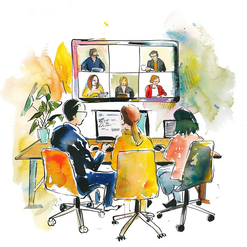 Watercolor illustration of a hybrid meeting.